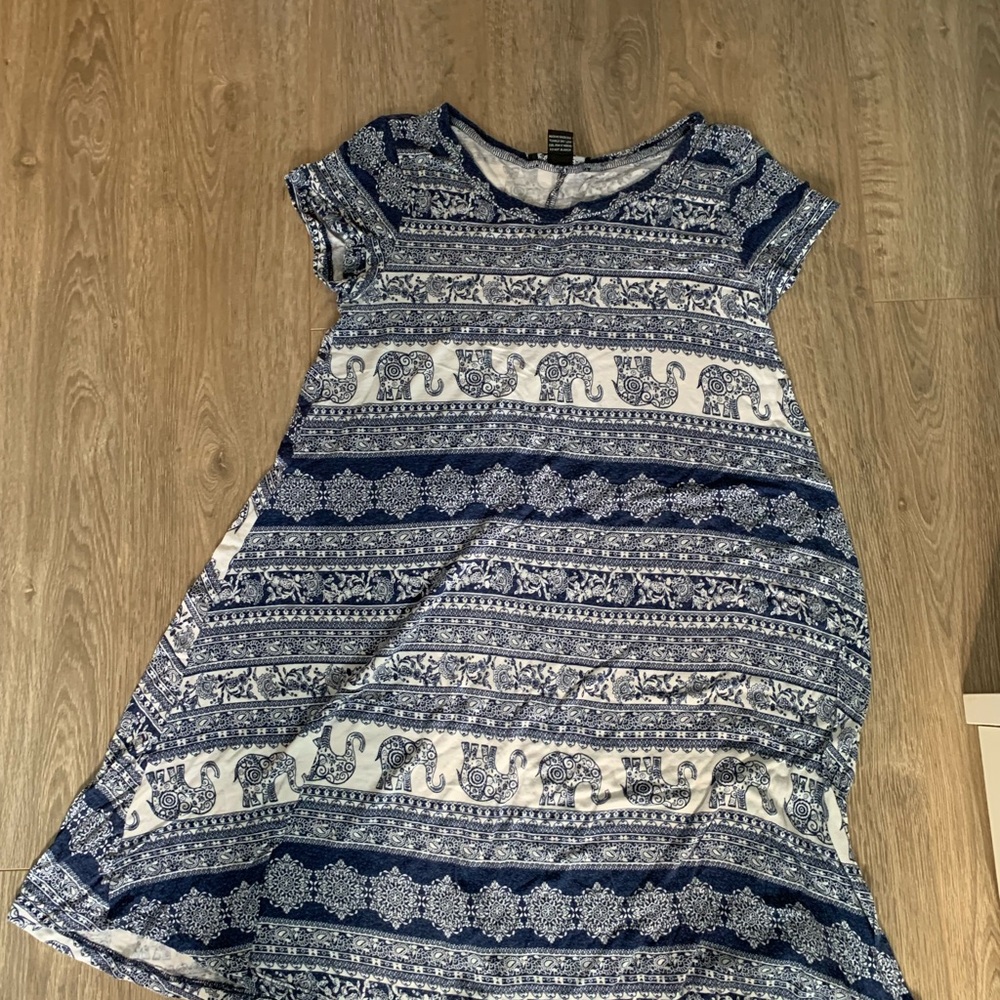 American Dream Blue and White Elephant Print Kids Dress